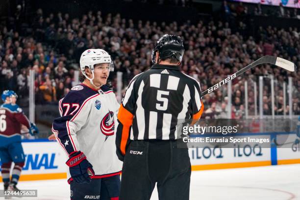 Nick Blankenburg of Columbus talking with referee Chris Rooney during the 2022 NHL Global Series - Finland match between Columbus Blue Jackets and...