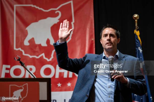 Ohio Secretary of State Frank LaRose speaks at a campaign stop at The Mandalay event center on November 4, 2022 in Moraine, Ohio. Vance will face...