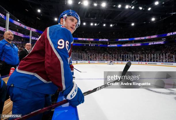 Mikko Rantanen of the Colorado Avalanche looks on from the bench in the third period against the Columbus Blue Jackets during the 2022 NHL Global...