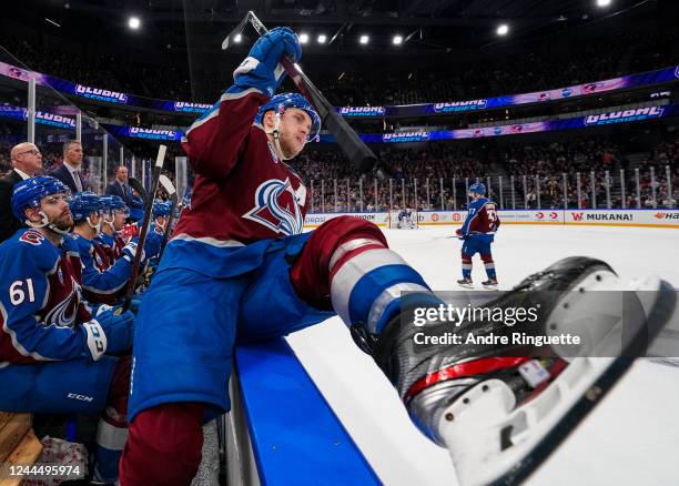 Mikko Rantanen of the Colorado Avalanche jumps over the boards for a shift in the third period against the Columbus Blue Jackets during the 2022 NHL...