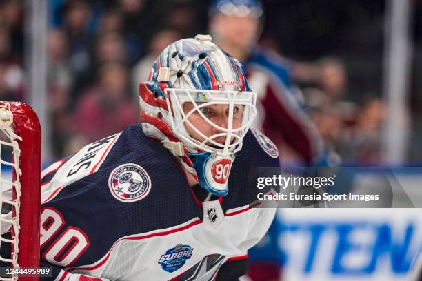Goalkeeper Elvis Merzlikins of Columbus during the 2022 NHL Global Series - Finland match between Columbus Blue Jackets and Colorado Avalanche at...