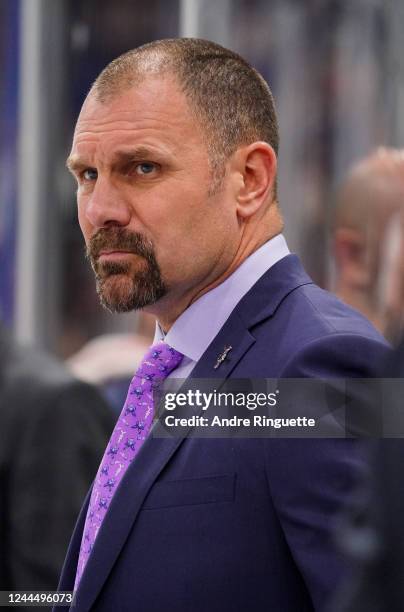 Head coach Brad Larsen of the Columbus Blue Jackets looks on from the bench in the second period during the 2022 NHL Global Series Finland game...