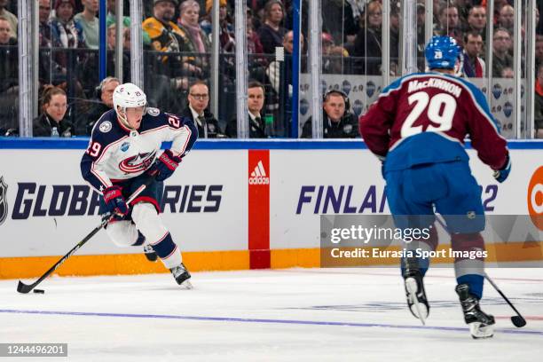 Patrik Laine of Columbus in action during the 2022 NHL Global Series - Finland match between Columbus Blue Jackets and Colorado Avalanche at Nokia...