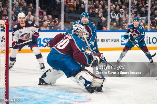 Goalkeeper Alexandar Georgiev of Colorado in action during the 2022 NHL Global Series - Finland match between Columbus Blue Jackets and Colorado...