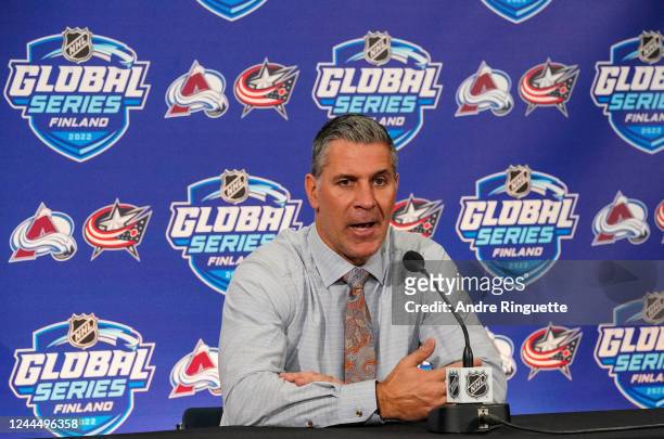 Head coach Jared Bednar of the Colorado Avalanche attends a press conference following a 6-3 win against the Columbus Blue Jackets during the 2022...
