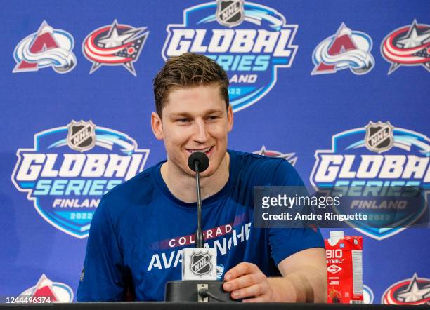 Nathan MacKinnon of the Colorado Avalanche attends a press conference following a 6-3 win against the Columbus Blue Jackets during the 2022 NHL...