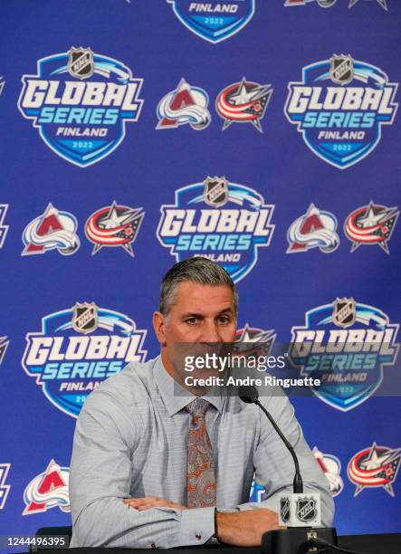 Head coach Jared Bednar of the Colorado Avalanche attends a press conference following a 6-3 win against the Columbus Blue Jackets during the 2022...
