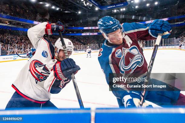 Gustav Nyquist of Columbus against Cale Makar of Colarado during the 2022 NHL Global Series - Finland match between Columbus Blue Jackets and...