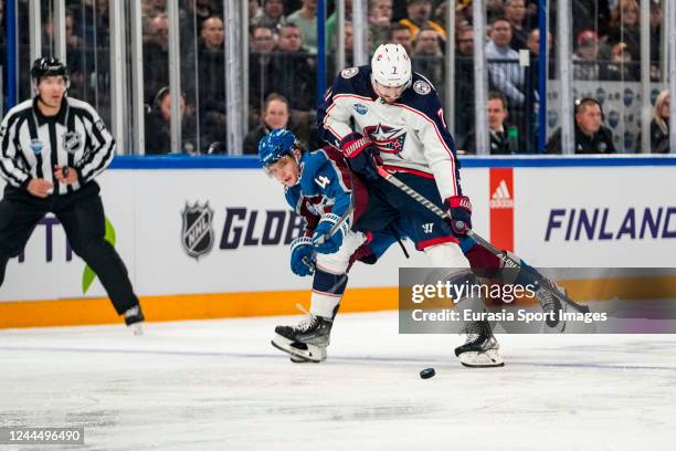 Sean Kuraly of the Columbus Blue Jackets against Bowen Bryam of the Colorado Avalanche during the 2022 NHL Global Series - Finland match between the...