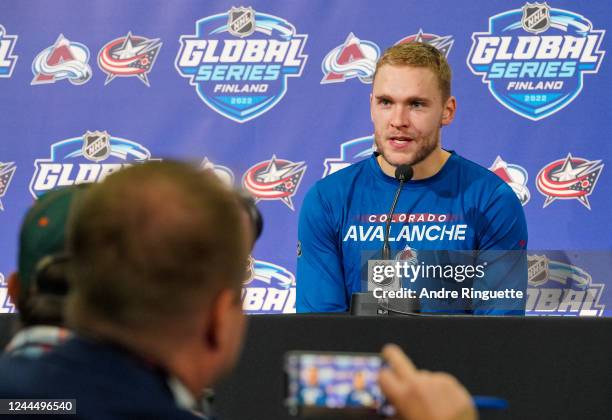 Mikko Rantanen of the Colorado Avalanche attends a press conference following a 6-3 win against the Columbus Blue Jackets during the 2022 NHL Global...