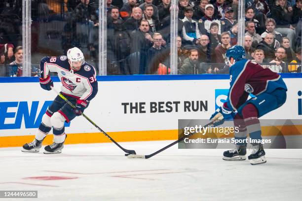 Boone Jenner of Columbus in action during the 2022 NHL Global Series - Finland match between Columbus Blue Jackets and Colorado Avalanche at Nokia...