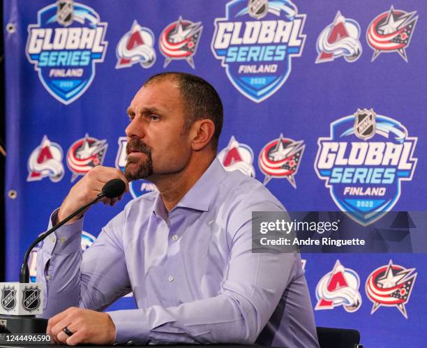 Head coach Brad Larsen Columbus Blue Jackets attends a press conference following a 6-3 loss to the Colorado Avalanche during the 2022 NHL Global...