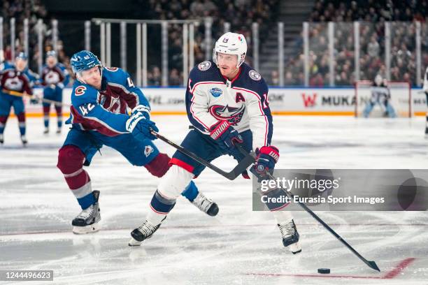 Gustav Nyquist of Columbus against Josh Manson of Colarado during the 2022 NHL Global Series - Finland match between Columbus Blue Jackets and...