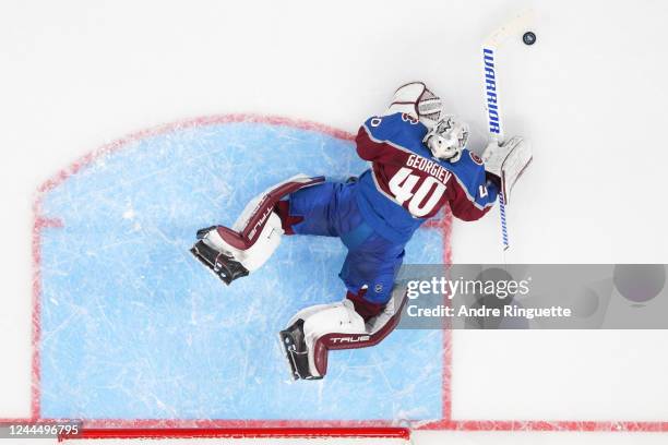 Alexandar Georgiev of the Colorado Avalanche makes a save against the Columbus Blue Jackets in the third period during the 2022 NHL Global Series...