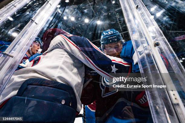 Jakub Voracek of the Columbus Blue Jackets fights against J.T. Compher of the Colorado Avalanche during the 2022 NHL Global Series - Finland match...