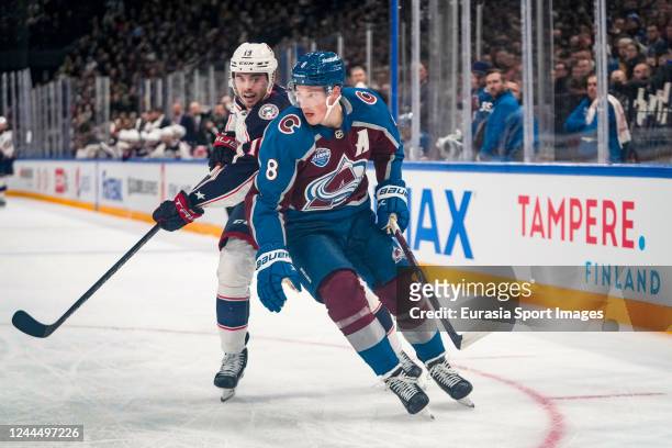 Cale Makar of the Colorado Avalanche against Liam Foudy of the Columbus Blue Jackets during the 2022 NHL Global Series - Finland match between the...