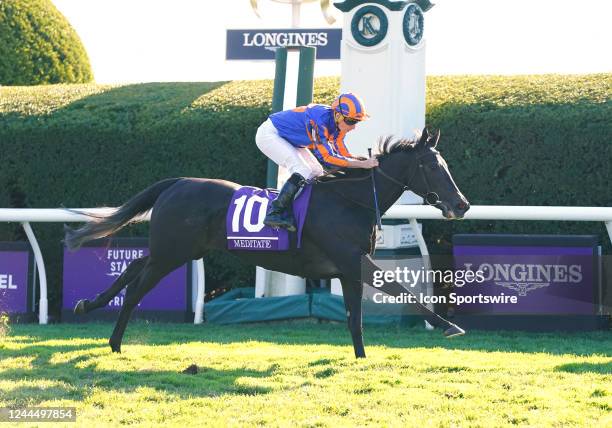 Meditate with jockey Ryan Moore up wins in the Breeders Cup Juvenile Fillies Turf on November 4 at Keeneland in Lexington, KY.