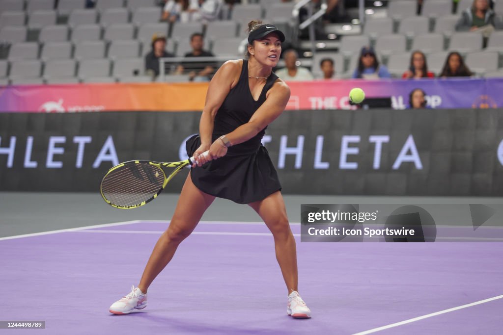 Desirae Krawczyk hits a backhand during the WTA Finals on November 4