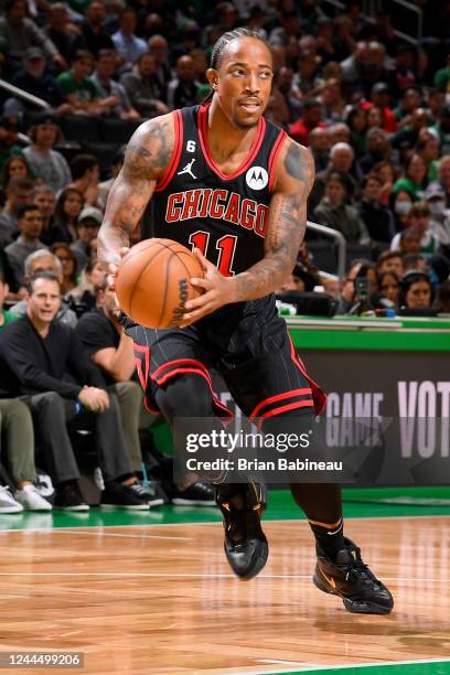 DeMar DeRozan of the Chicago Bulls handles the ball against the Boston Celtics on November 4 2022 at the TD Garden in Boston, Massachusetts. NOTE TO...