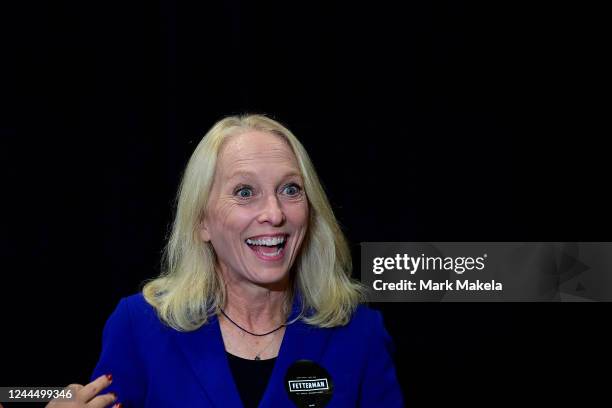 Congresswoman Mary Gay Scanlon speaks with supporters before an interview event with Democratic Pennsylvania Senate nominee John Fetterman on...