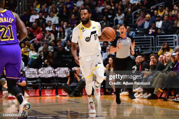 Mike Conley of the Utah Jazz dribbles the ball during the game against the Los Angeles Lakers on November 4, 2022 at Crypto.Com Arena in Los Angeles,...