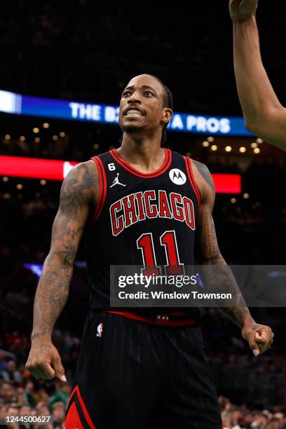 DeMar DeRozan of the Chicago Bulls grimaces after missing a shot against the Boston Celtics during the second half of the game at TD Garden on...