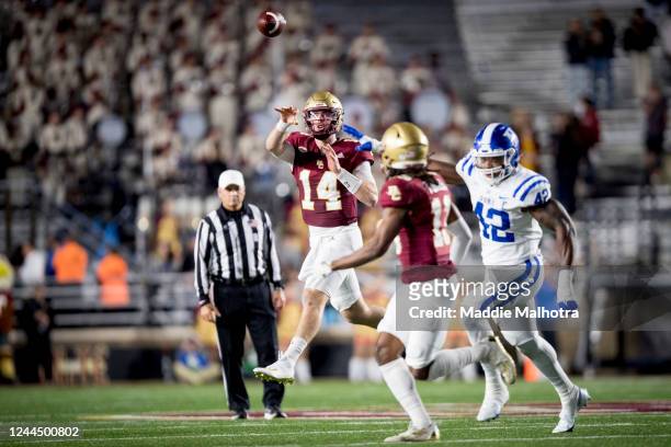 Emmett Morehead of the Boston College Eagles makes a pass during the second half of a game against the Duke Blue Devils at Alumni Stadium on November...
