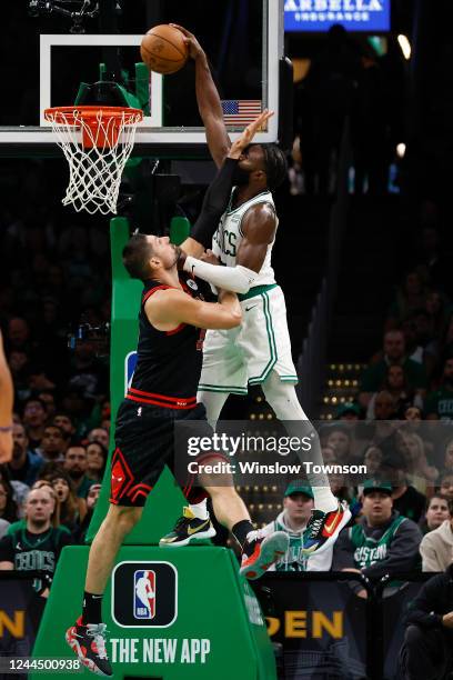 Nikola Vucevic of the Chicago Bulls cant stop Jaylen Brown of the Boston Celtics from dunking during the second half at TD Garden on November 4, 2022...