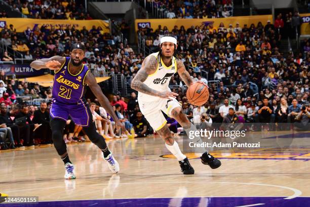 Jordan Clarkson of the Utah Jazz dribbles the ball during the game against the Los Angeles Lakers on November 4, 2022 at Crypto.Com Arena in Los...