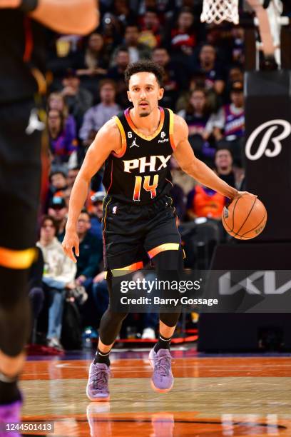 Landry Shamet of the Phoenix Suns dribbles the ball during the game against the Portland Trail Blazers on November 4, 2022 at Footprint Center in...