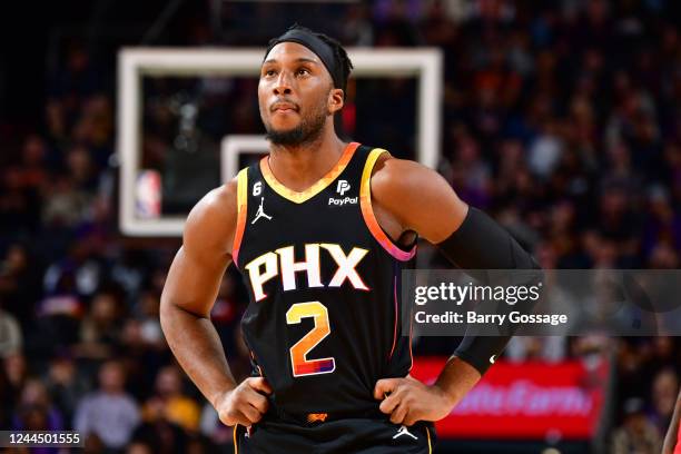 Josh Okogie of the Phoenix Suns looks on during the game against the Portland Trail Blazers on November 4, 2022 at Footprint Center in Phoenix,...