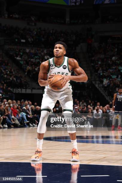 Giannis Antetokounmpo of the Milwaukee Bucks shoots a free throw during the game against the Minnesota Timberwolves on November 4, 2022 at Target...