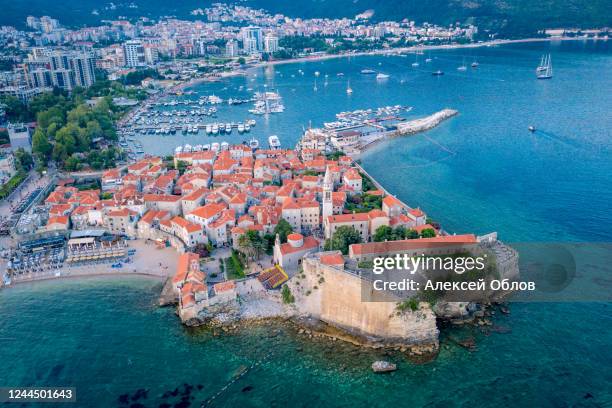 aerial view of the old town budva - montenegrin stock pictures, royalty-free photos & images