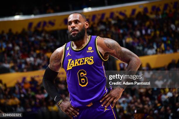 LeBron James of the Los Angeles Lakers looks on during the game against the Utah Jazz on November 4, 2022 at Crypto.Com Arena in Los Angeles,...