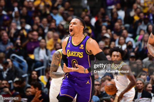 Russell Westbrook of the Los Angeles Lakers celebrates during the game Utah Jazz on November 4, 2022 at Crypto.Com Arena in Los Angeles, California....