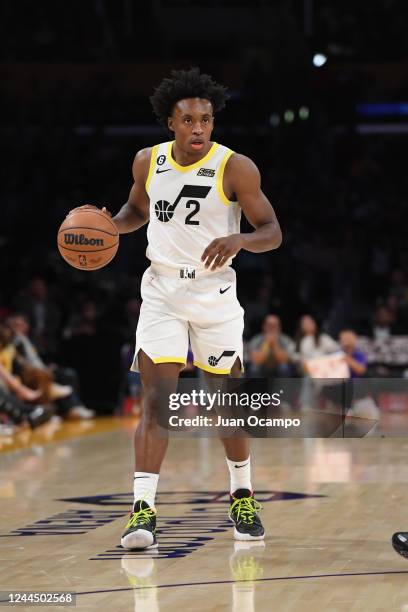 Collin Sexton of the Utah Jazz dribbles the ball during the game against the Los Angeles Lakers on November 4, 2022 at Crypto.Com Arena in Los...