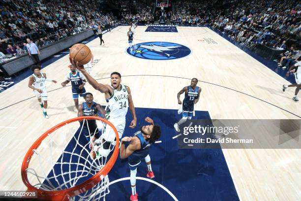 Giannis Antetokounmpo of the Milwaukee Bucks drives to the basket during the game against the Minnesota Timberwolves on November 4, 2022 at Target...