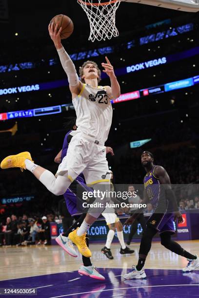 Lauri Markkanen of the Utah Jazz drives to the basket during the game against the Los Angeles Lakers on November 4, 2022 at Crypto.Com Arena in Los...