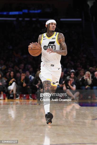 Jordan Clarkson of the Utah Jazz dribbles the ball during the game against the Los Angeles Lakers on November 4, 2022 at Crypto.Com Arena in Los...