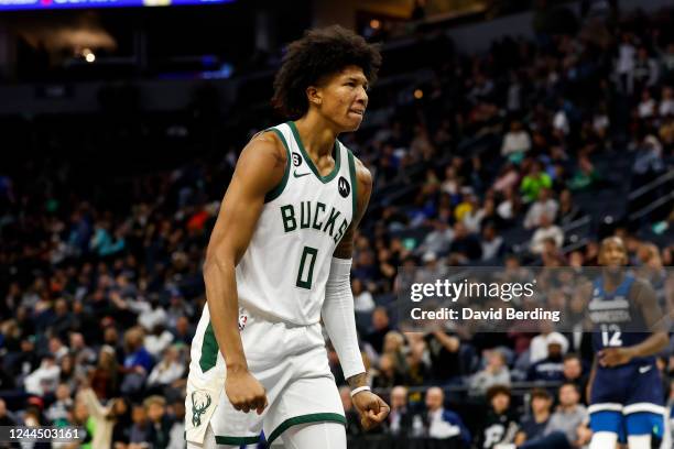 MarJon Beauchamp of the Milwaukee Bucks celebrates his dunk against the Minnesota Timberwolves in the fourth quarter of the game at Target Center on...
