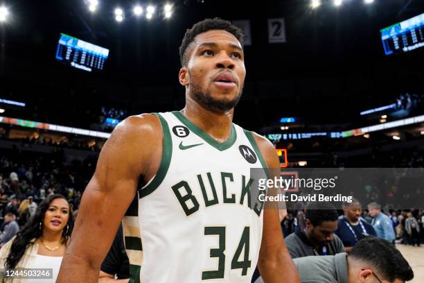 Giannis Antetokounmpo of the Milwaukee Bucks walks off the court after the game against the Minnesota Timberwolves at Target Center on November 4,...