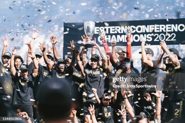 Celebrates Cristian Arango lifts the trophy after winning the MLS Western Conference Final on October 30, 2022 at Banc of California in Los Angeles,...