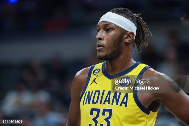 Myles Turner of the Indiana Pacers is seen during the game against the Miami Heat at Gainbridge Fieldhouse on November 4, 2022 in Indianapolis,...