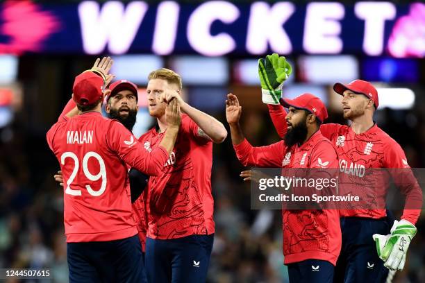 England celebrate the wicket of Charith Asalanka of Sri Lanka during the ICC Men's T20 World Cup cricket match between England v Sri Lanka at The...