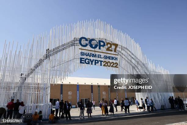 This picture shows the main entrance of the Sharm El Sheikh International Convention Centre where the COP27 climate summit will take place, in...