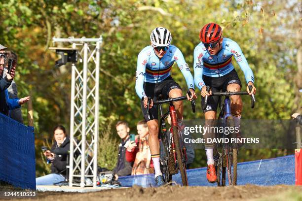 Belgian Emiel Verstrynge and Belgian Thibau Nys pictured in action during the U23 men's race at the European Championships cyclocross cycling,...