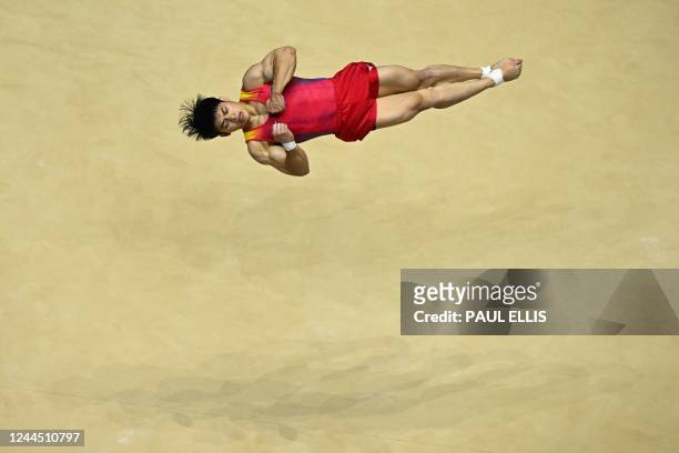 Philippines' Carlos Edriel Yulo competes during the Men's Floor Exercise final at the World Gymnastics Championships in Liverpool, northern England...