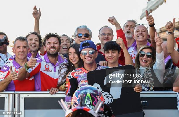 Pramac Racing Spanish rider Jorge Martin celebrates the first pole during the Valencia MotoGP Grand Prix qualifying session at the Ricardo Tormo...