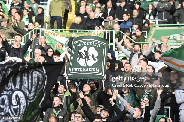 Green brigade hold up banner against racism during a cinch Premiership match between Celtic and Dundee United at Celtic Park, on November 05 in...