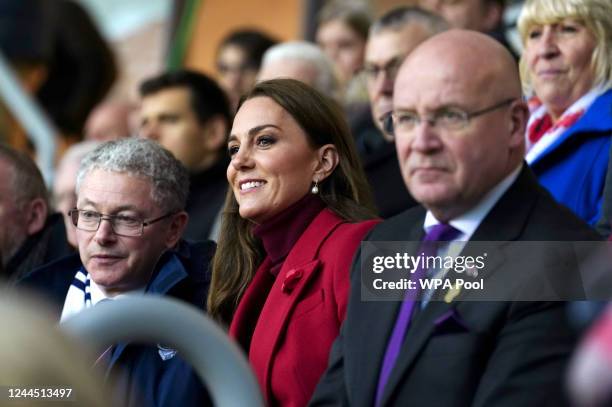 Catherine, Princess of Wales watches the action during the England vs Papua New Guinea Rugby League World Cup quarter-final match at the DW Stadium,...